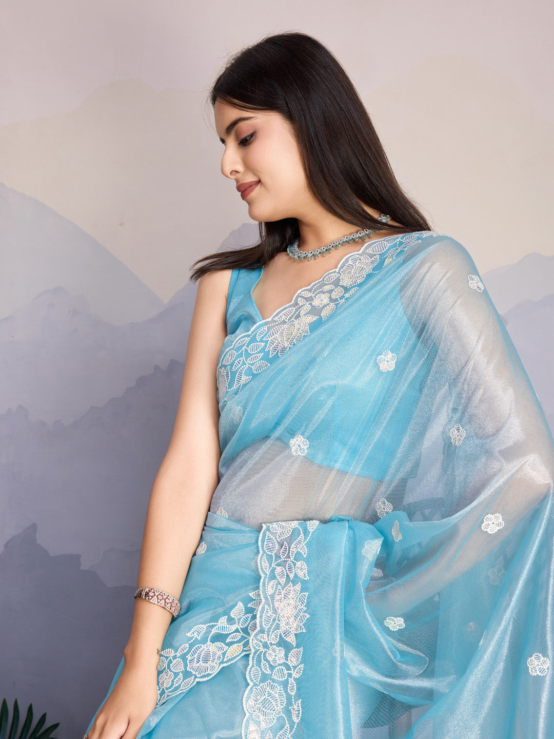 Embroidered Net Saree