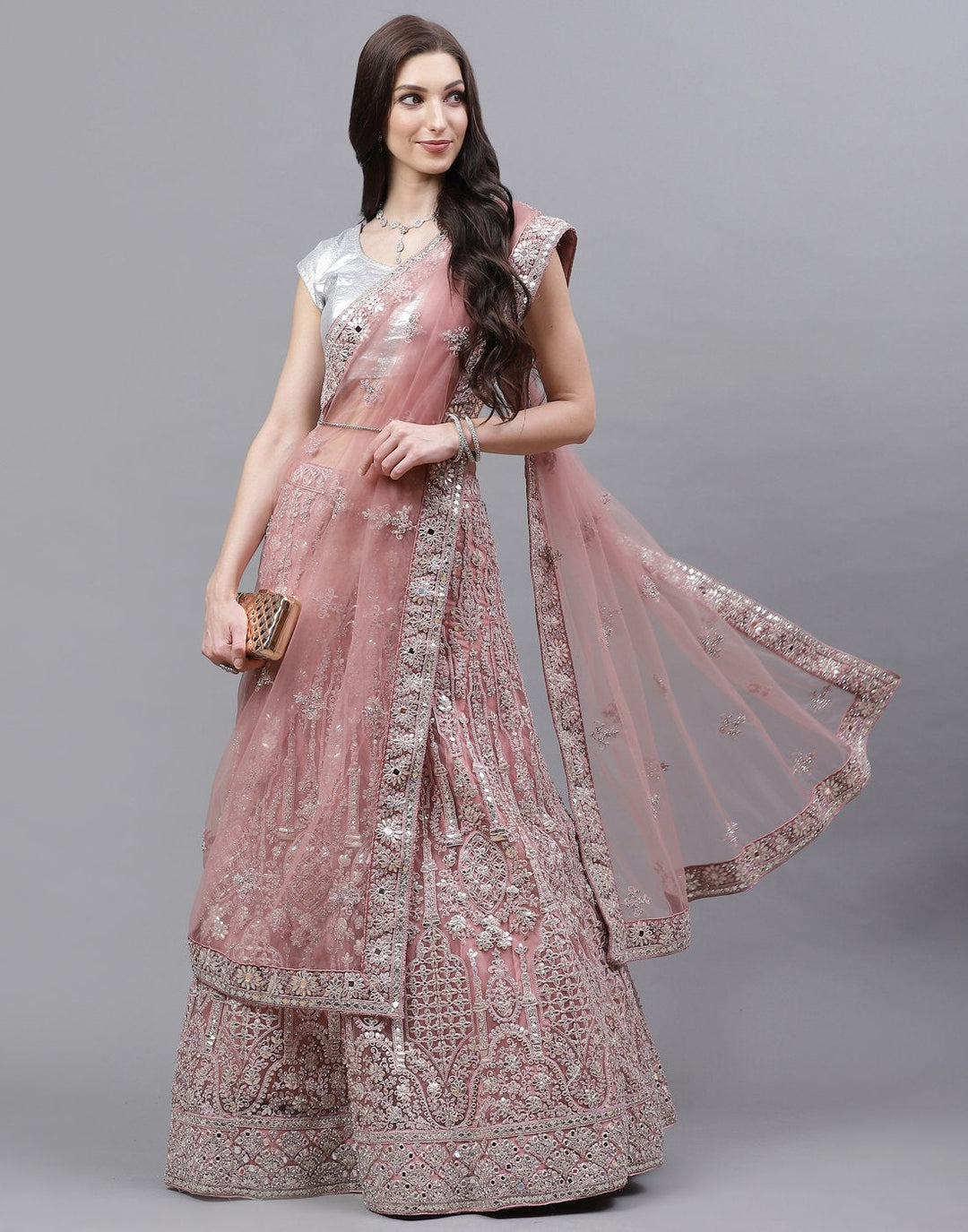 Net Mirror Work Lehanga with Net Dupatta