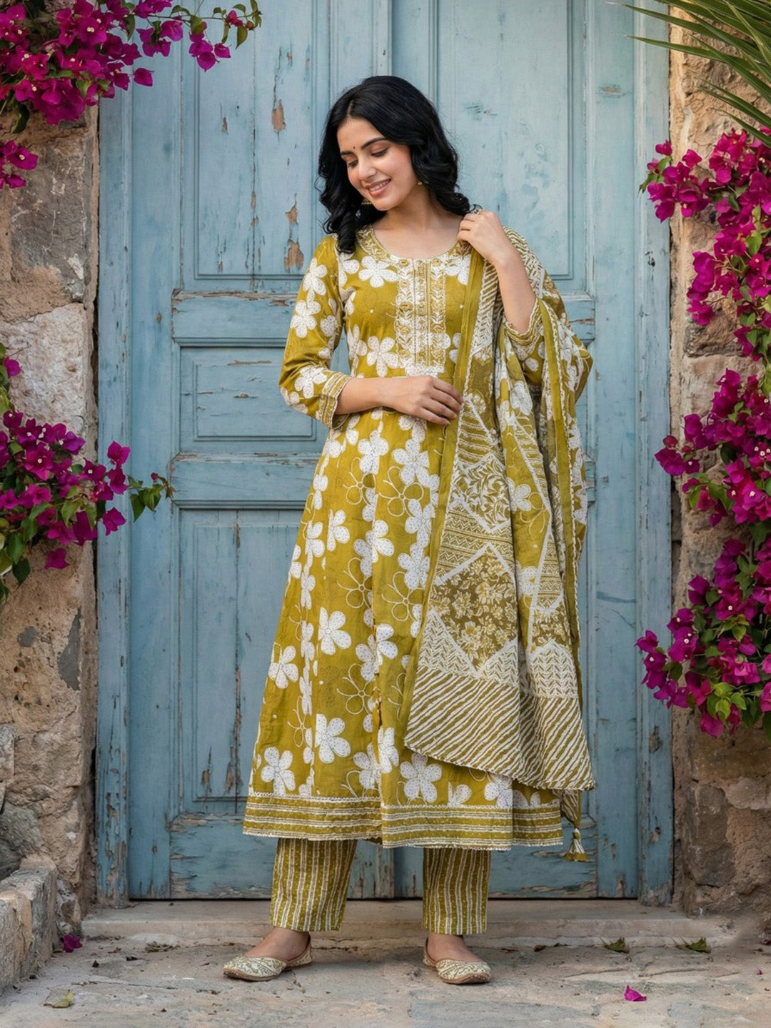 Printed Cotton Blend Kurta With Pant &amp; Dupatta