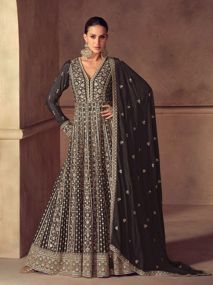 Embroidered Chinon Suit With Pant &amp; Dupatta