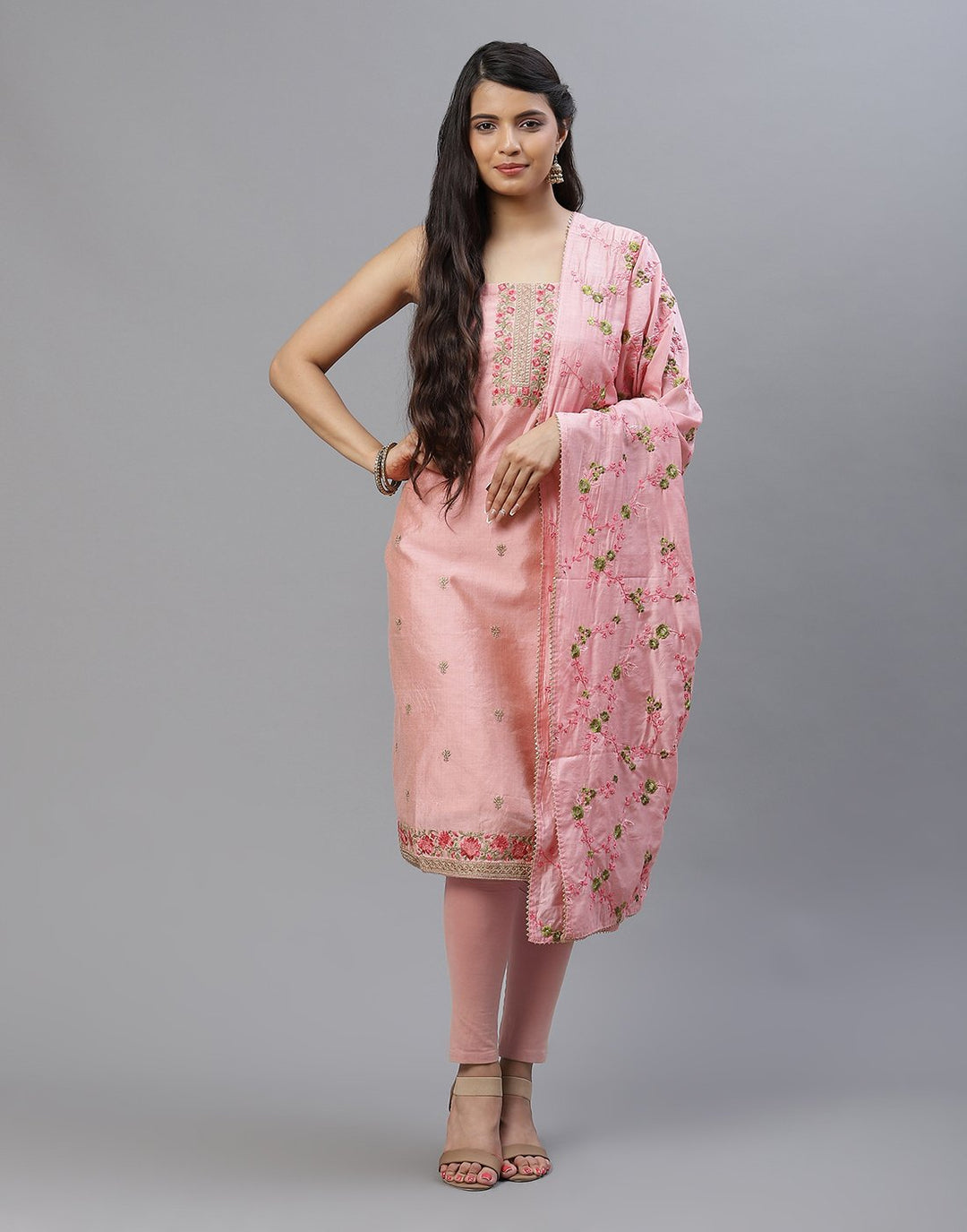 Embroidered Chanderi Suit Piece With Dupatta