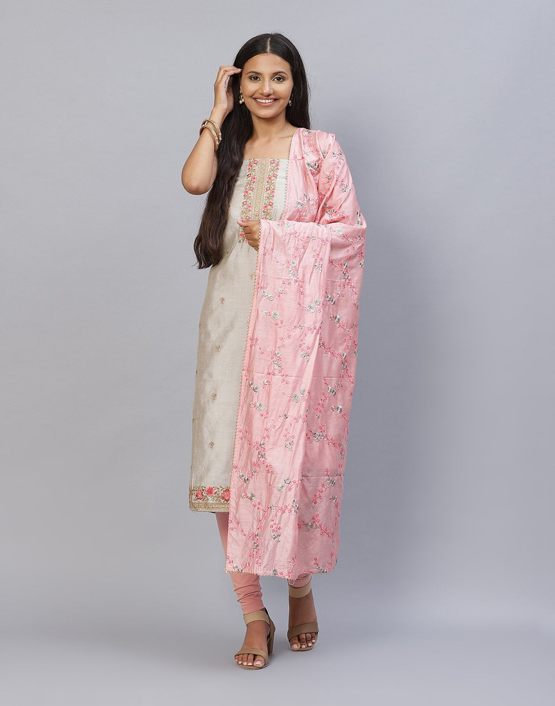 Embroidered Chanderi Suit Piece With Dupatta