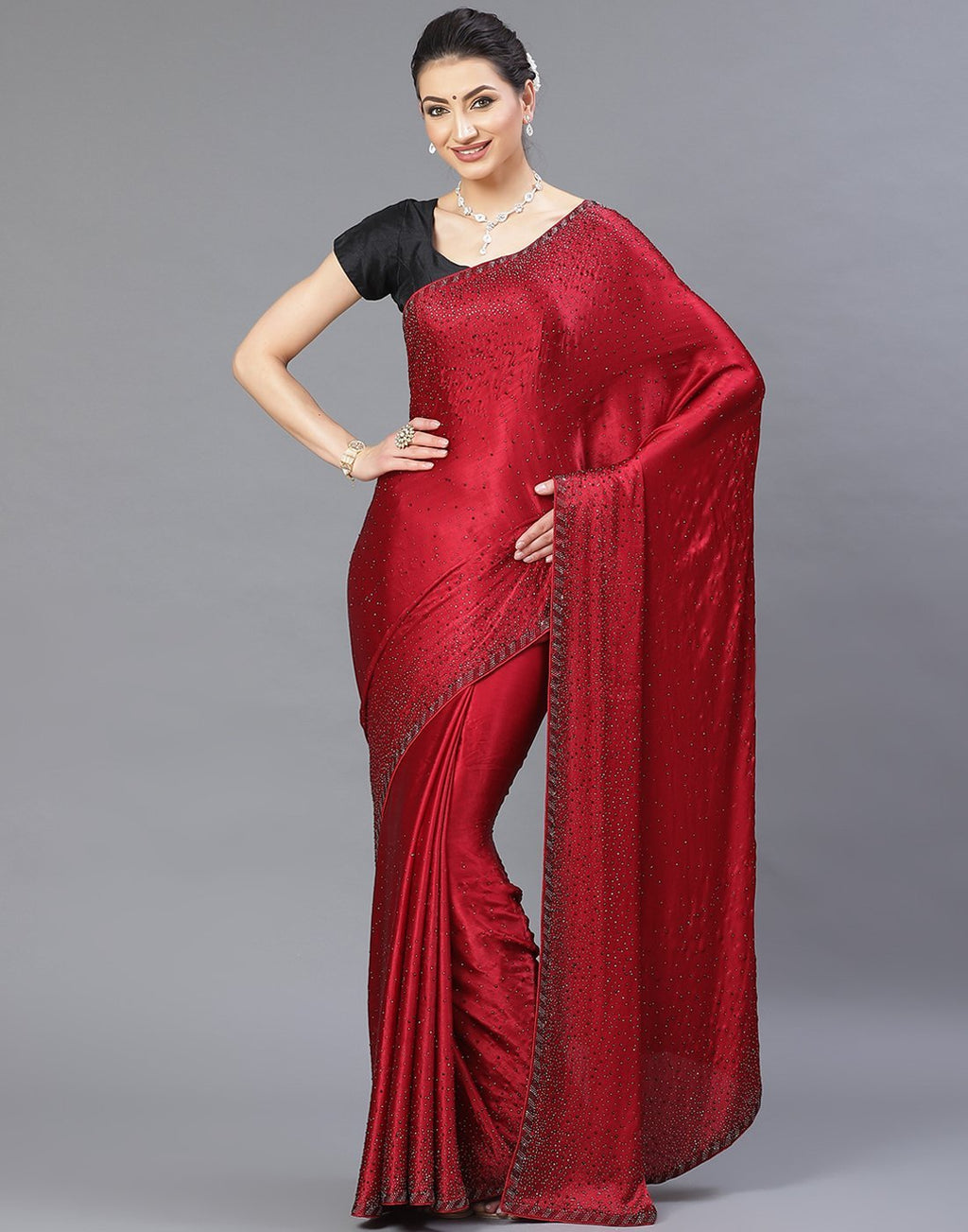 Crepe Embroidery Red Saree