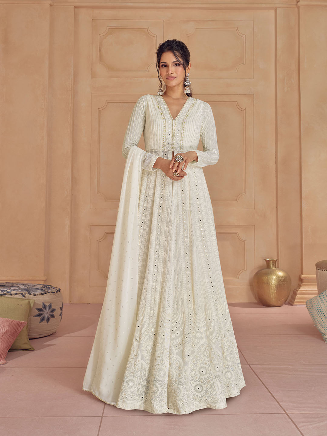 Resham Sequins Work V Neck Georgette Palazzo And Kurta