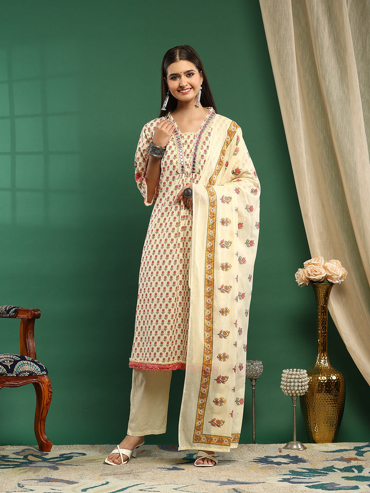 Printed Cotton Blend Kurta With Pant &amp; Dupatta