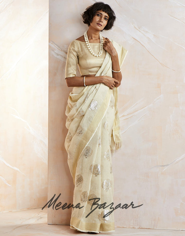 Cream Gold Cotton Linen Printed Saree