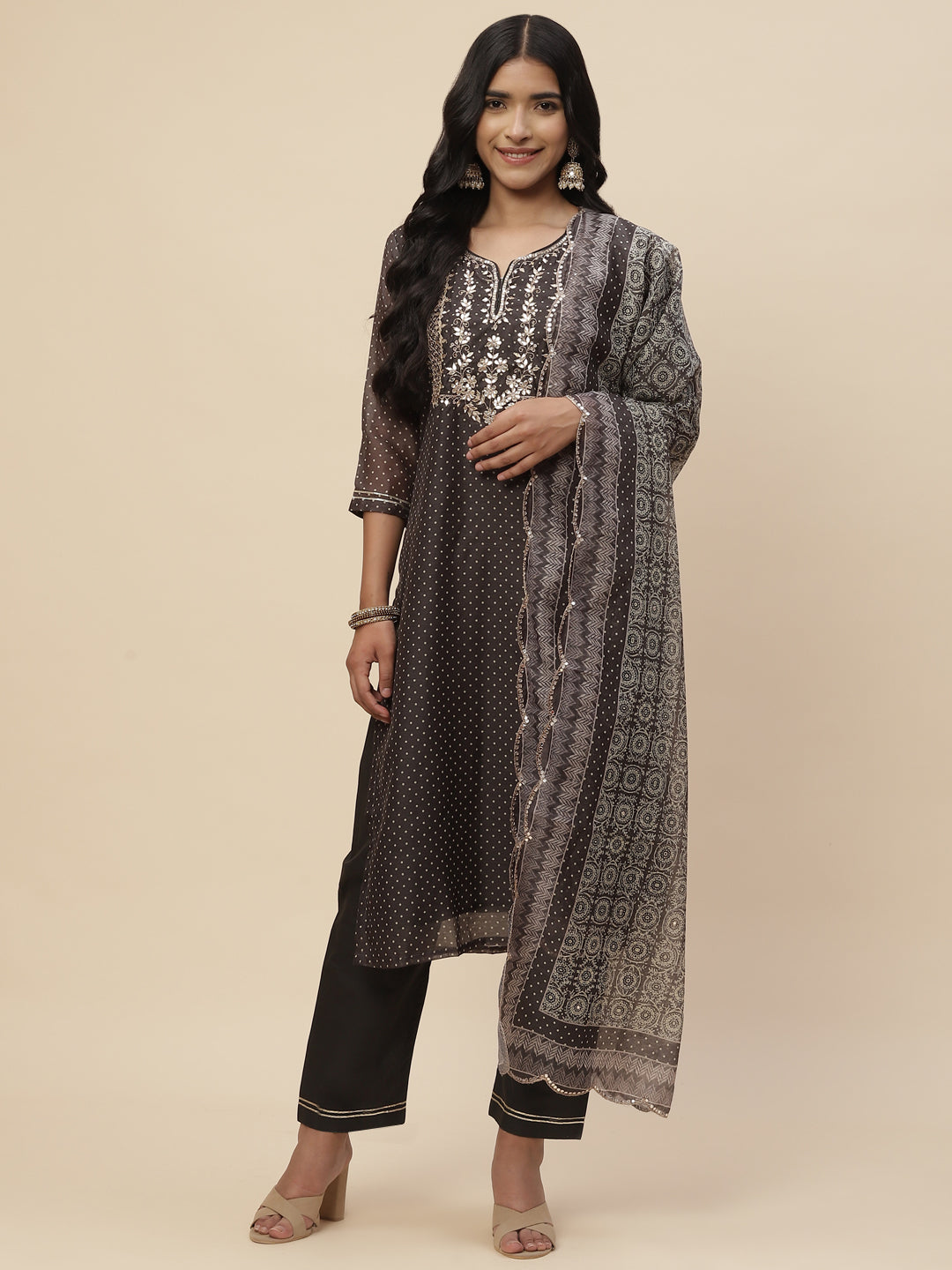 Zari Neck Embroidered Chanderi Kurta With Pants &amp; Dupatta