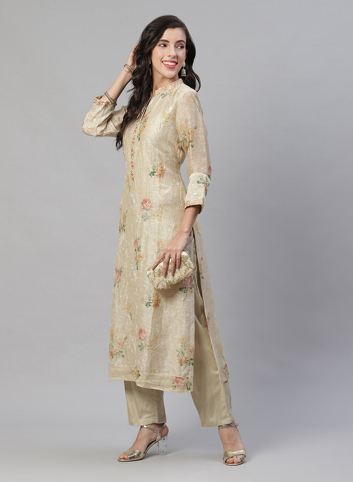 Printed Chanderi Kurti With Pant