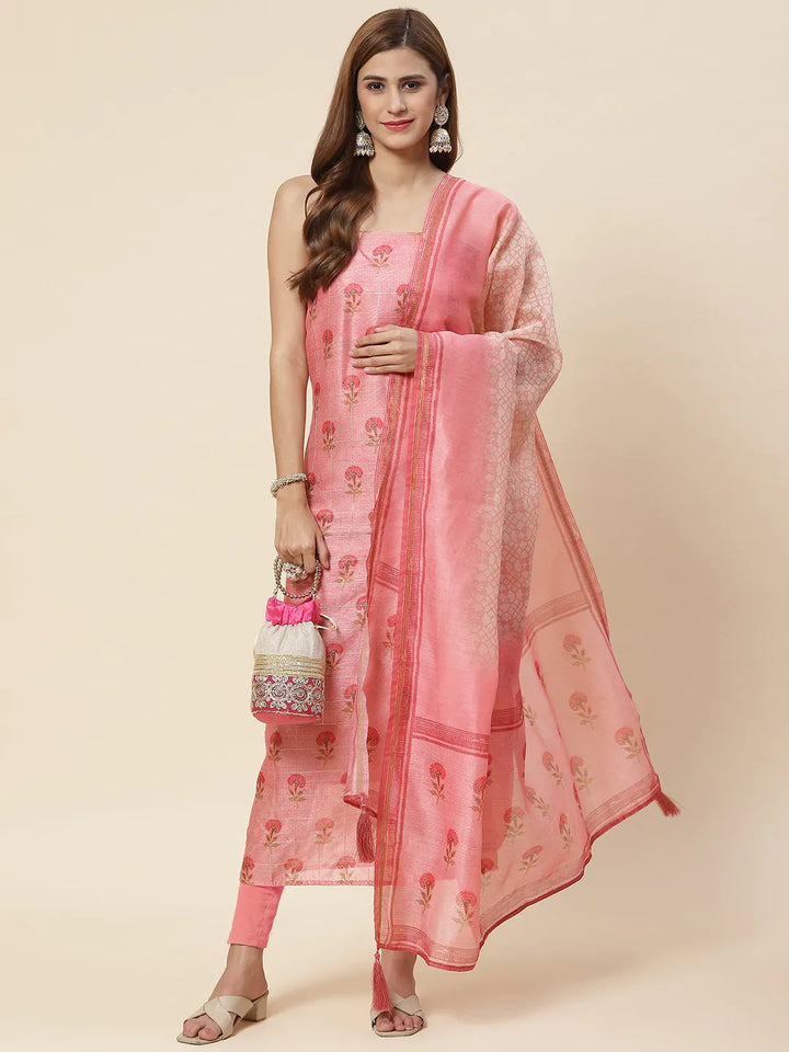 Floral Printed Chanderi Unstitched Suit Piece With Dupatta