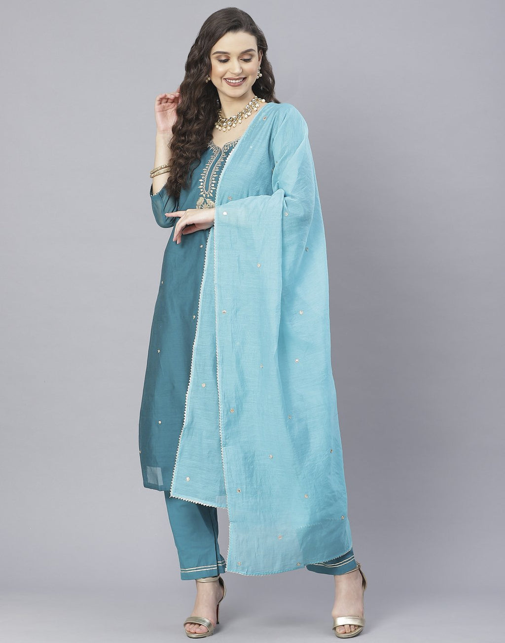 Lake Blue and Maroon Cotton Chanderi Salwar Kameez
