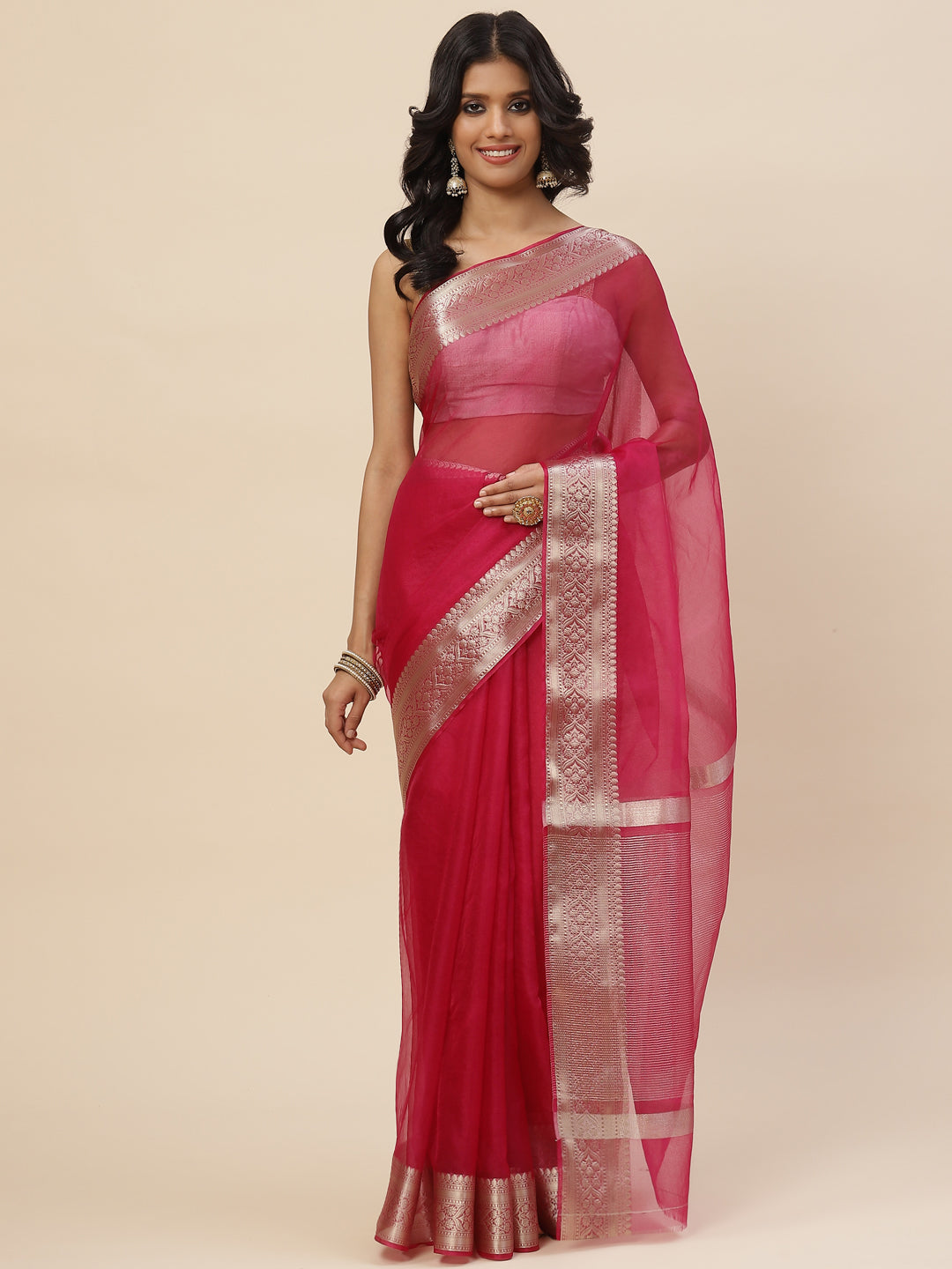 Zari Border Organza Plain Saree