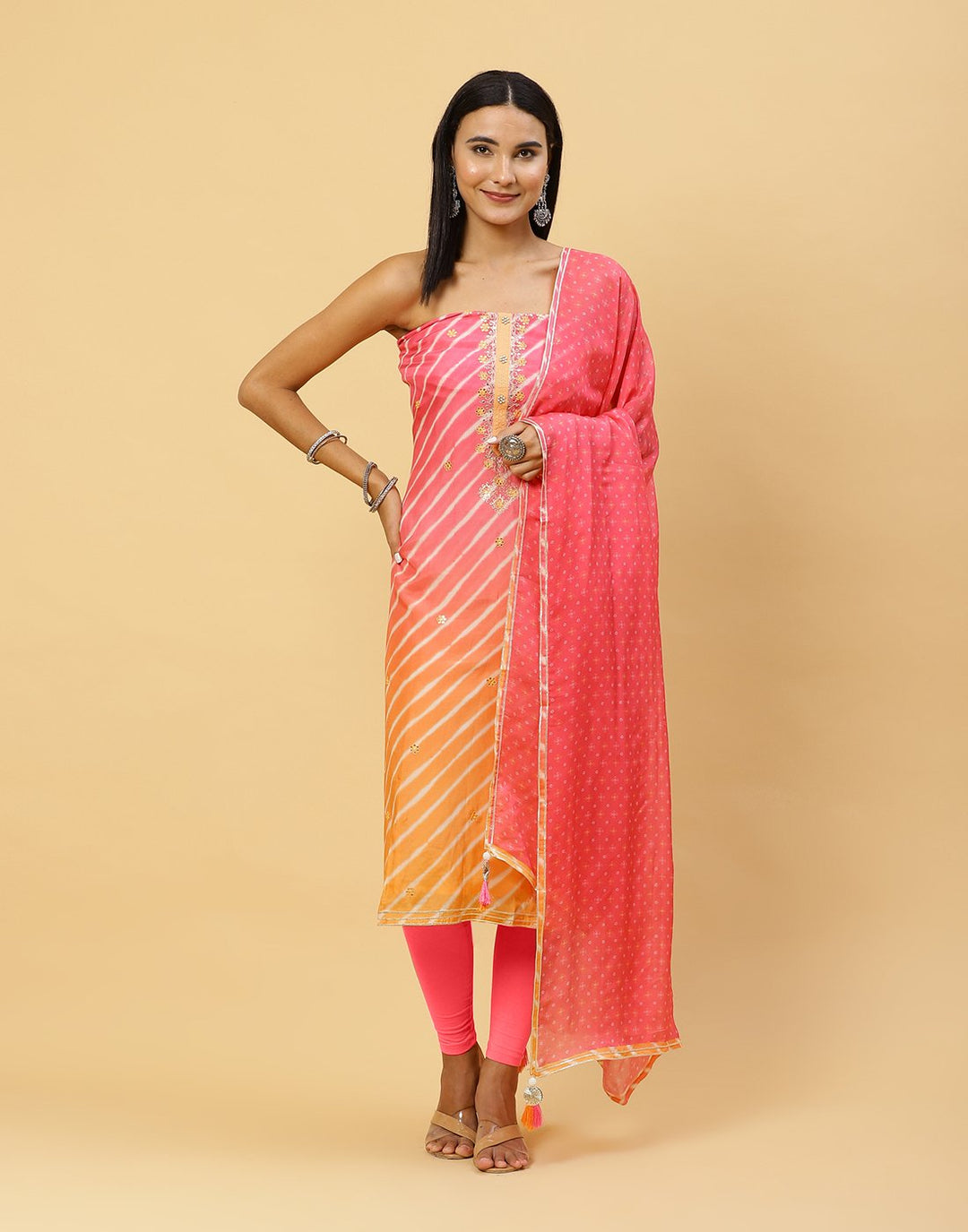 Printed Muslin Suit Piece With Organza Dupatta