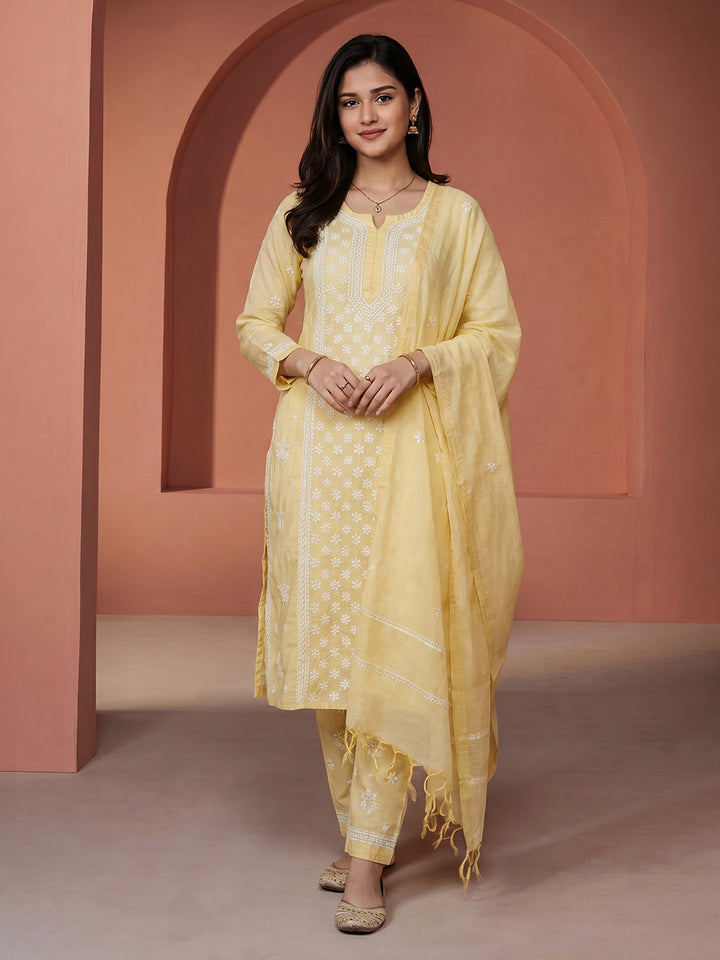Embroidered Chanderi Suit Set With Dupatta