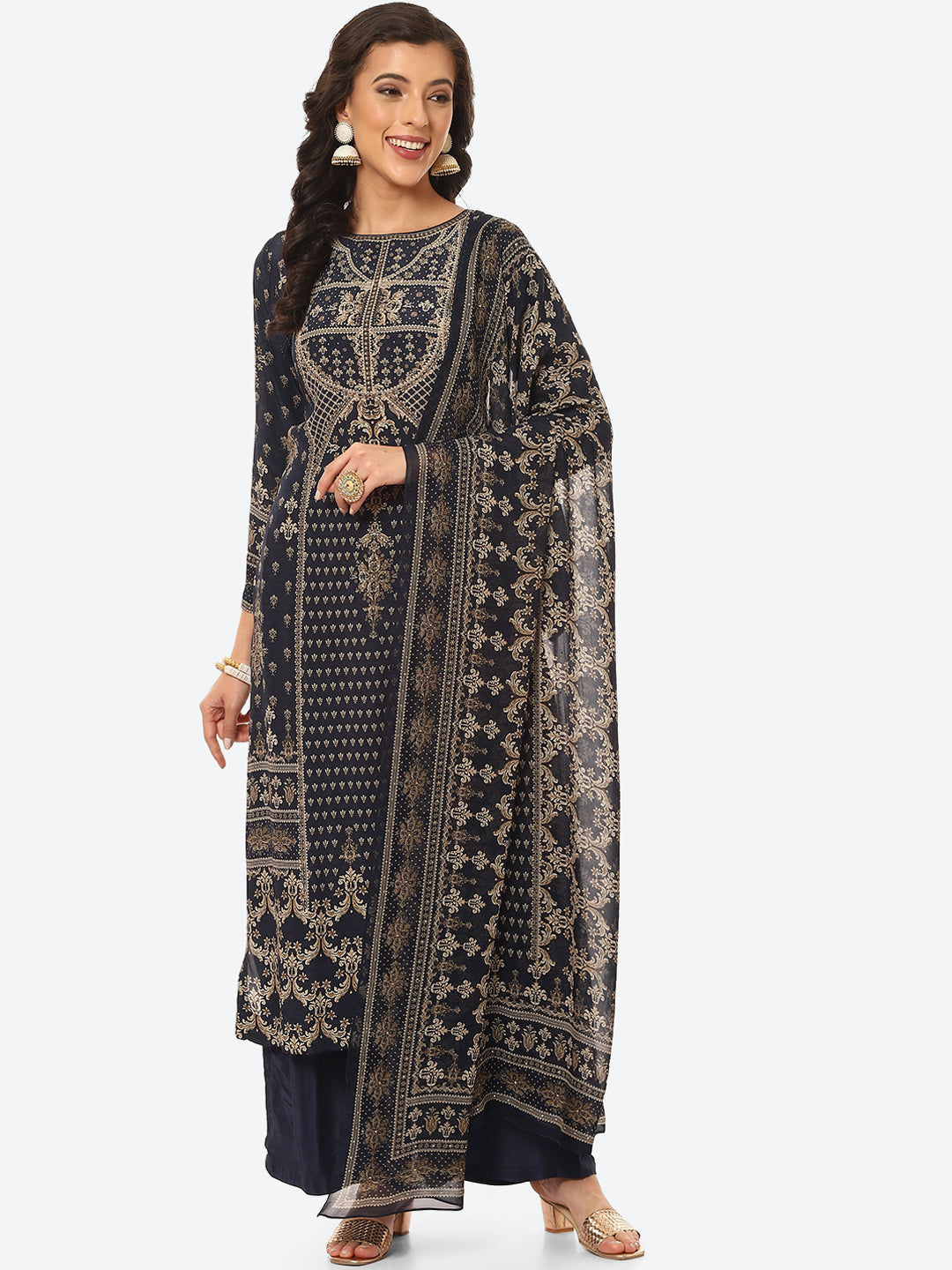 Digital Printed Crepe Kurta With Palazzo &amp; Georgette Dupatta