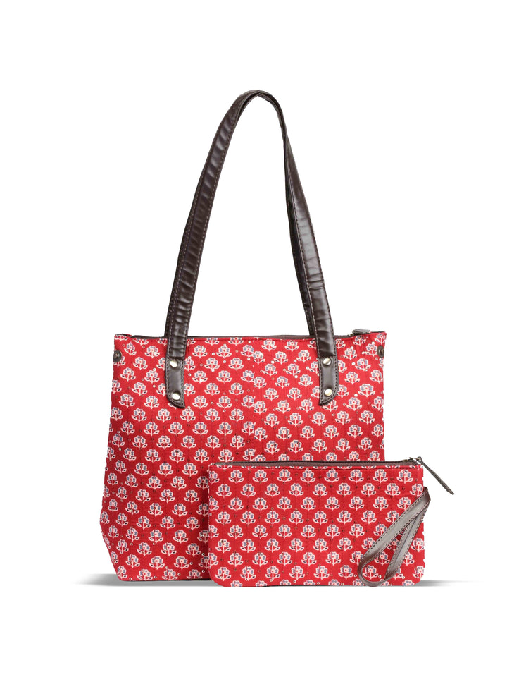 Maroon &amp; Grey Cotton Handbag With Pouch