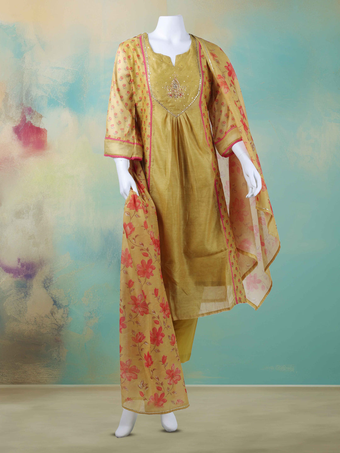 Gota Work Chanderi Suit Piece With Dupatta