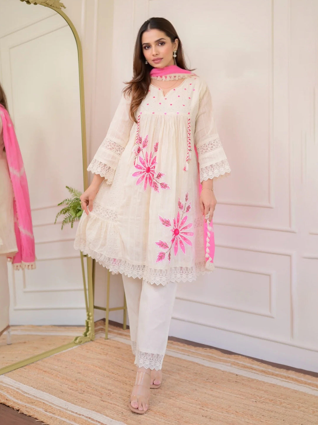 Embroidered Cotton Kurta With Pant &amp; Dupatta