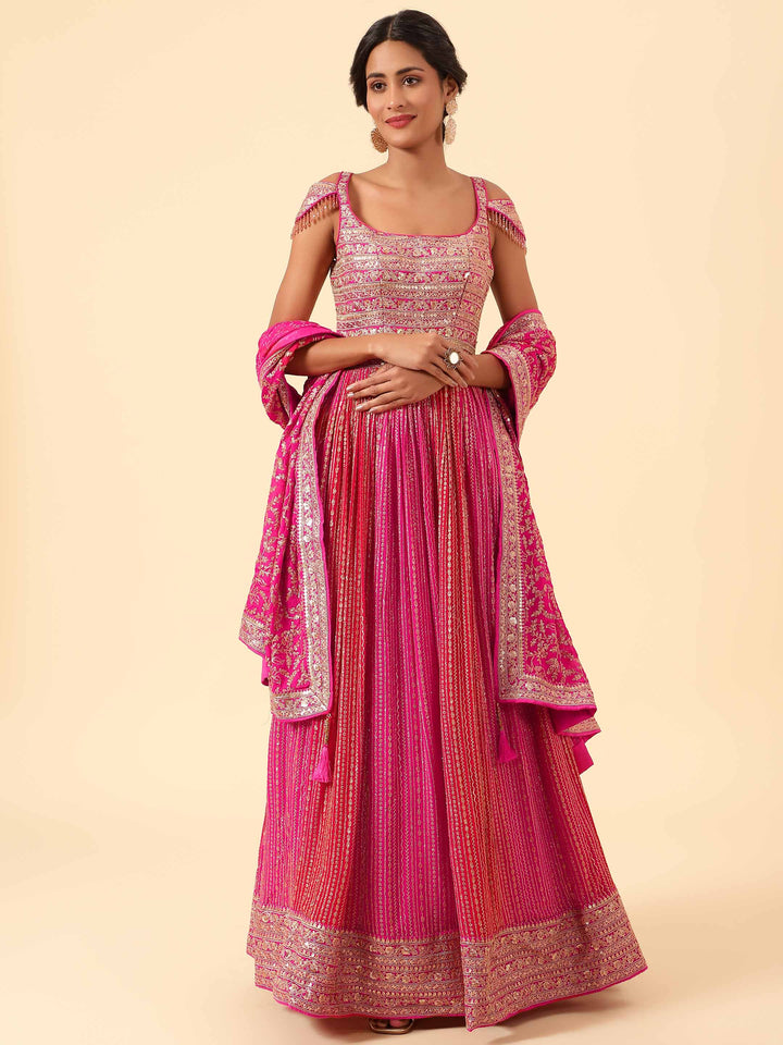 Sequin Embroidered Georgette Kurta With Churidar &amp; Dupatta