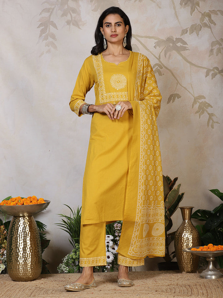 Printed Cotton Blend Kurta With Pants &amp; Dupatta
