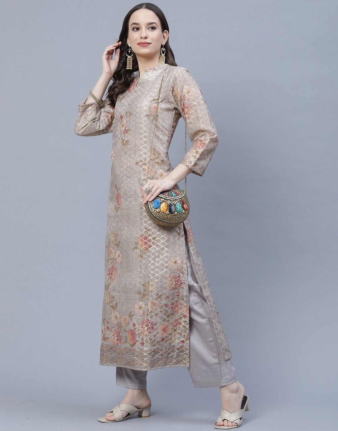 Chanderi Floral Printed Kurti Pant Set