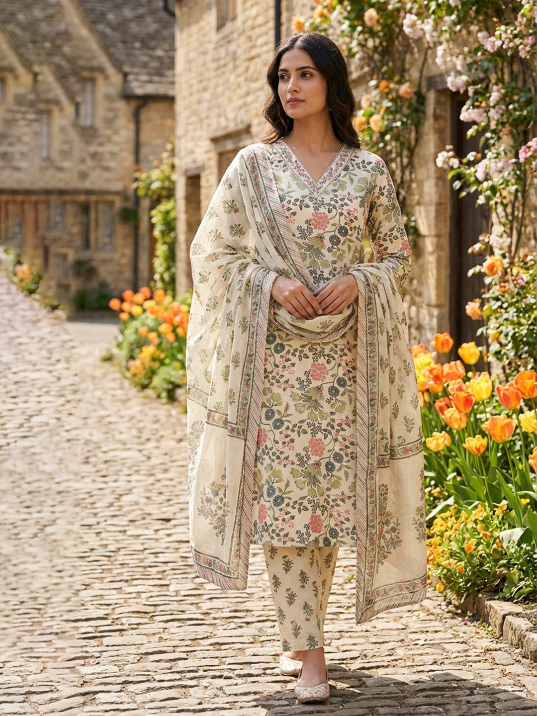Printed Cotton Blend Suit With Pant &amp; Dupatta