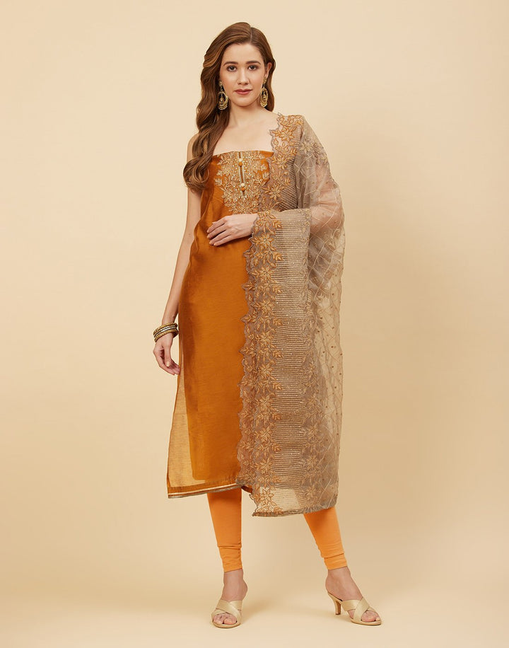 Embroidered Chanderi Suit Piece With Organza Dupatta