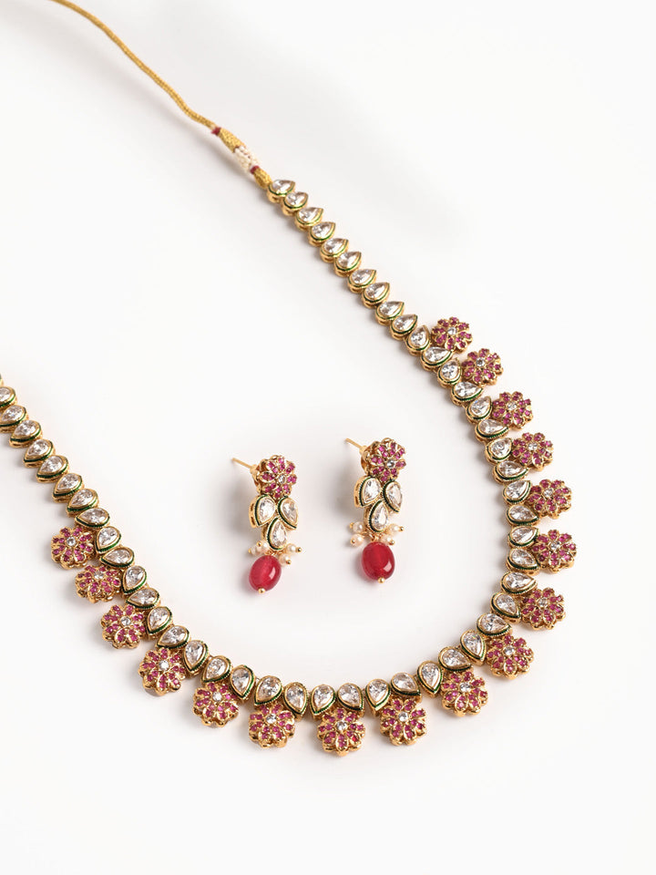 Golden &amp; Maroon Kundan Necklace Set With Earrings