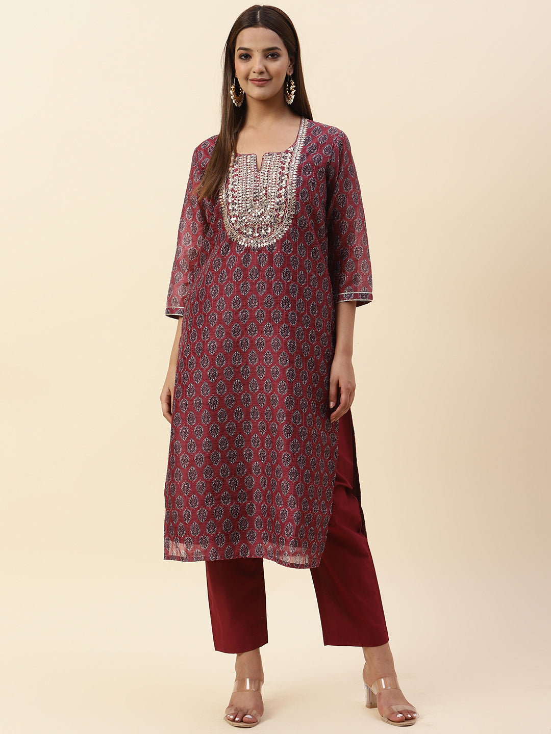Printed &amp; Neck Embroidered Chanderi Kurta With Pants