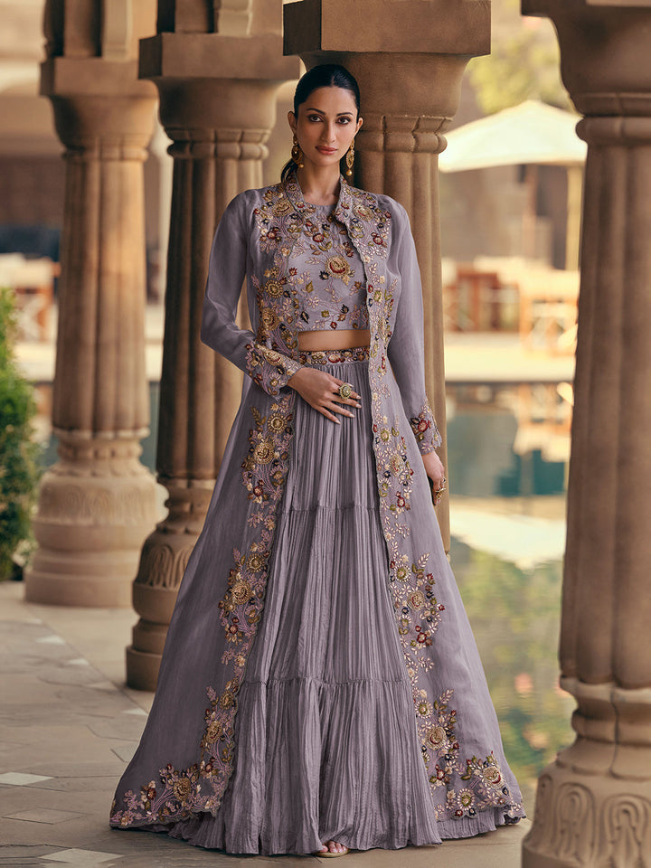 Embroidered Gerogette Choli &amp; Lehenga With Jacket