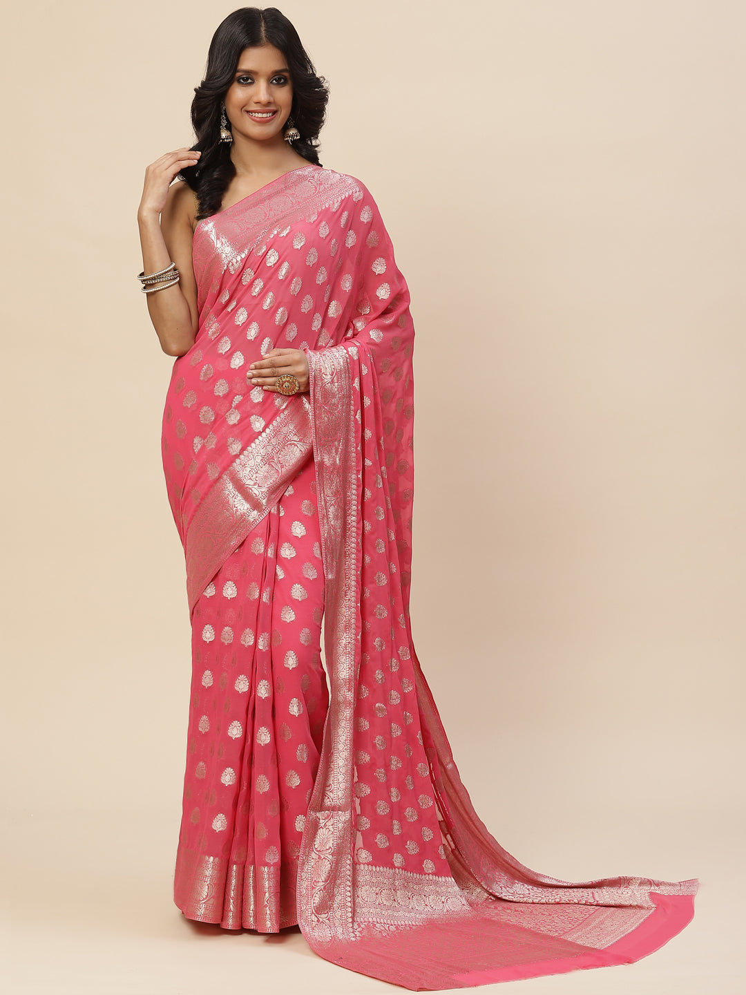 Zari Booti Chiffon Plain Saree