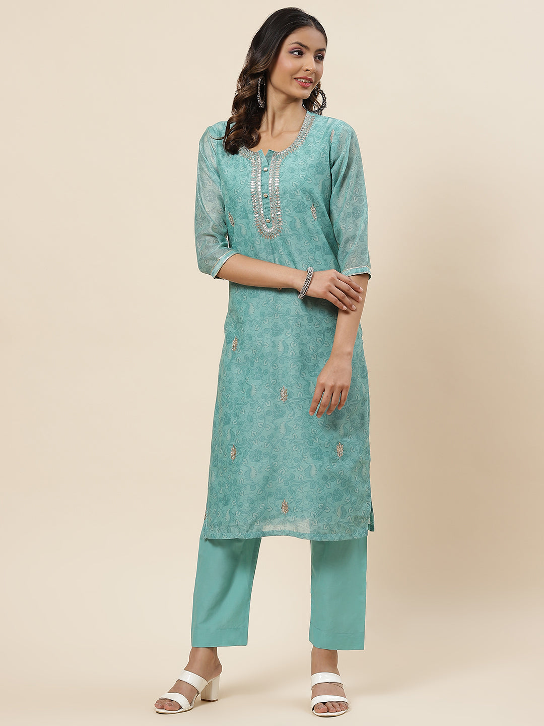 Printed &amp; Neck Embroidered Chanderi Kurta With Pants