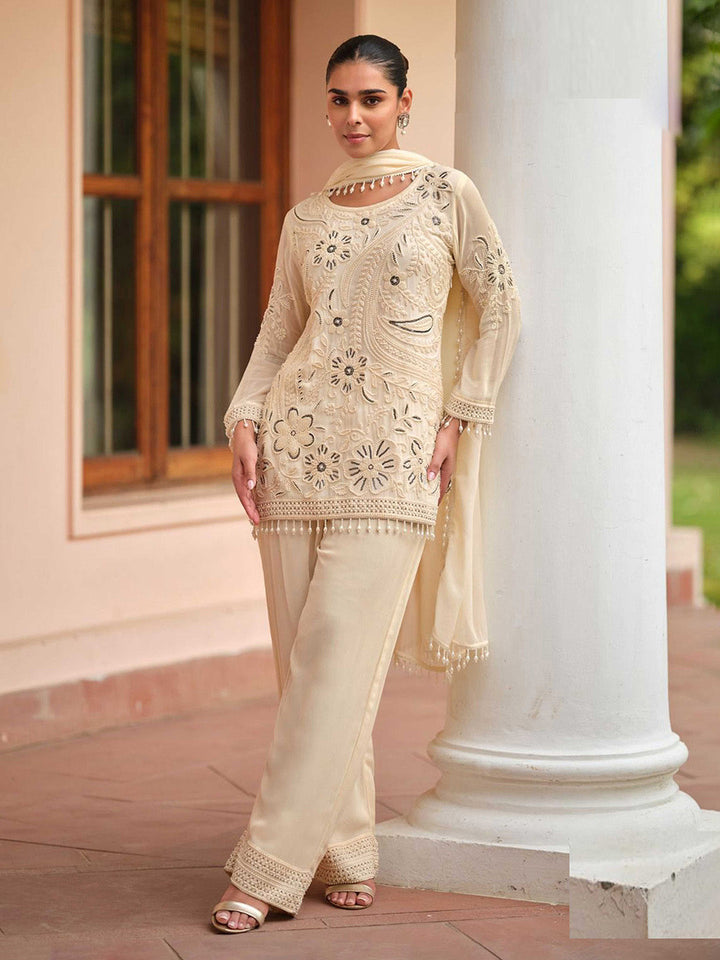 Embroidered Georgette Kurti With Pant &amp; Dupatta