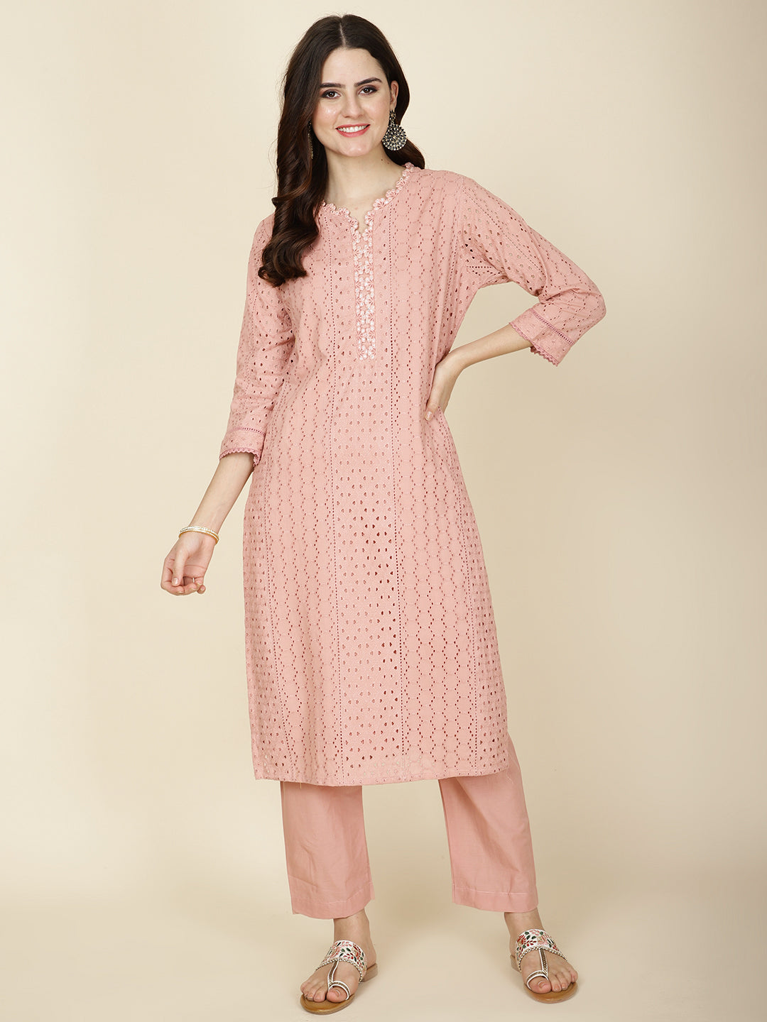 Thread Embroidery Cotton Kurta With Pants
