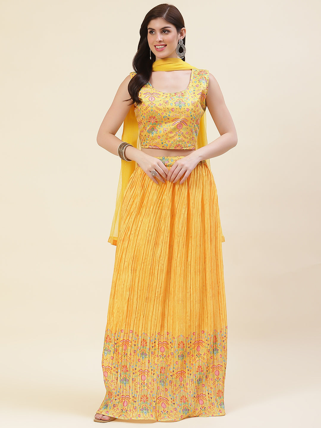 Floral Printed Crepe Choli With Lehenga &amp; Dupatta