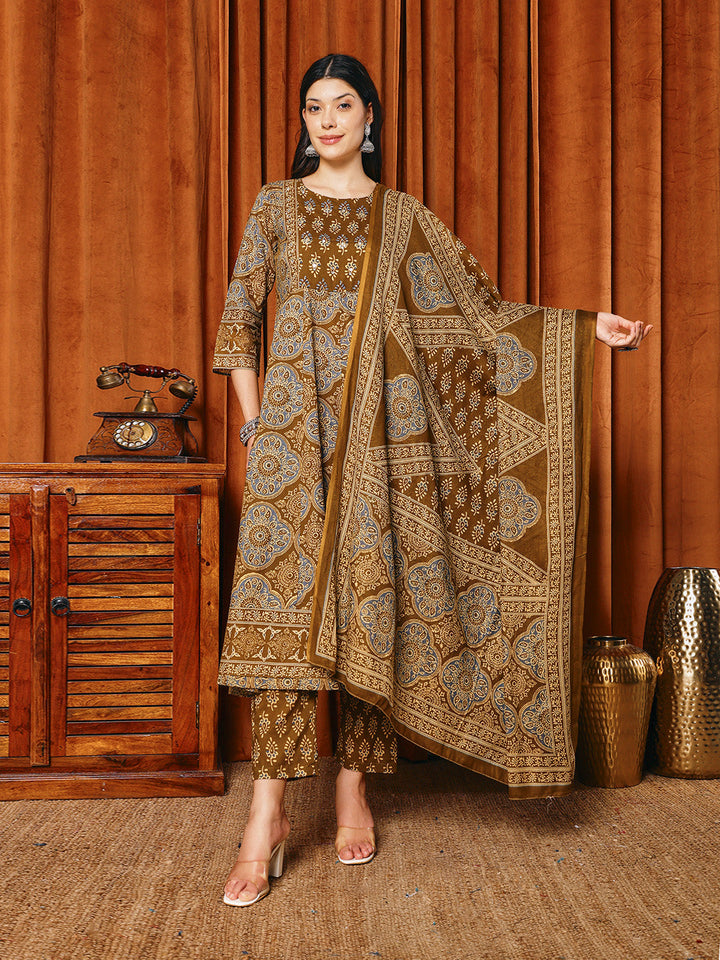 Printed Cotton Blend Kurta With Pants &amp; Dupatta