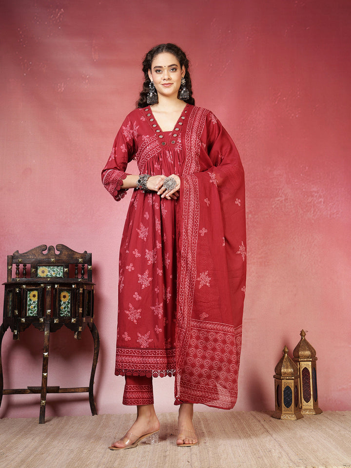 Maroon Cotton Blend Printed Anarkali Suit Set