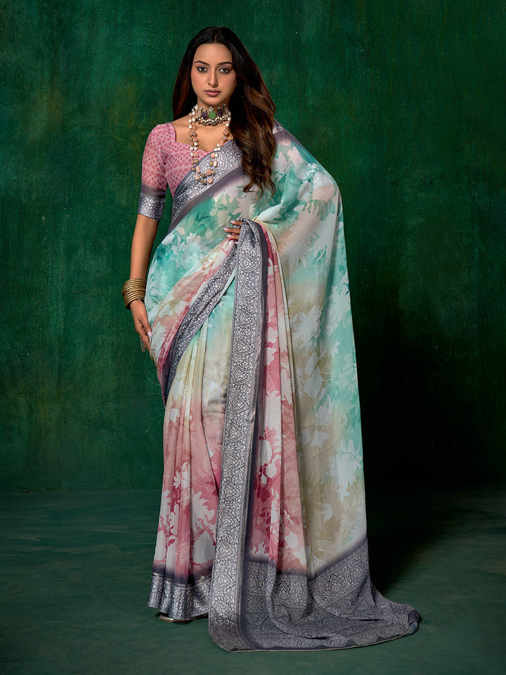 Ombre Floral Printed Georgette Saree