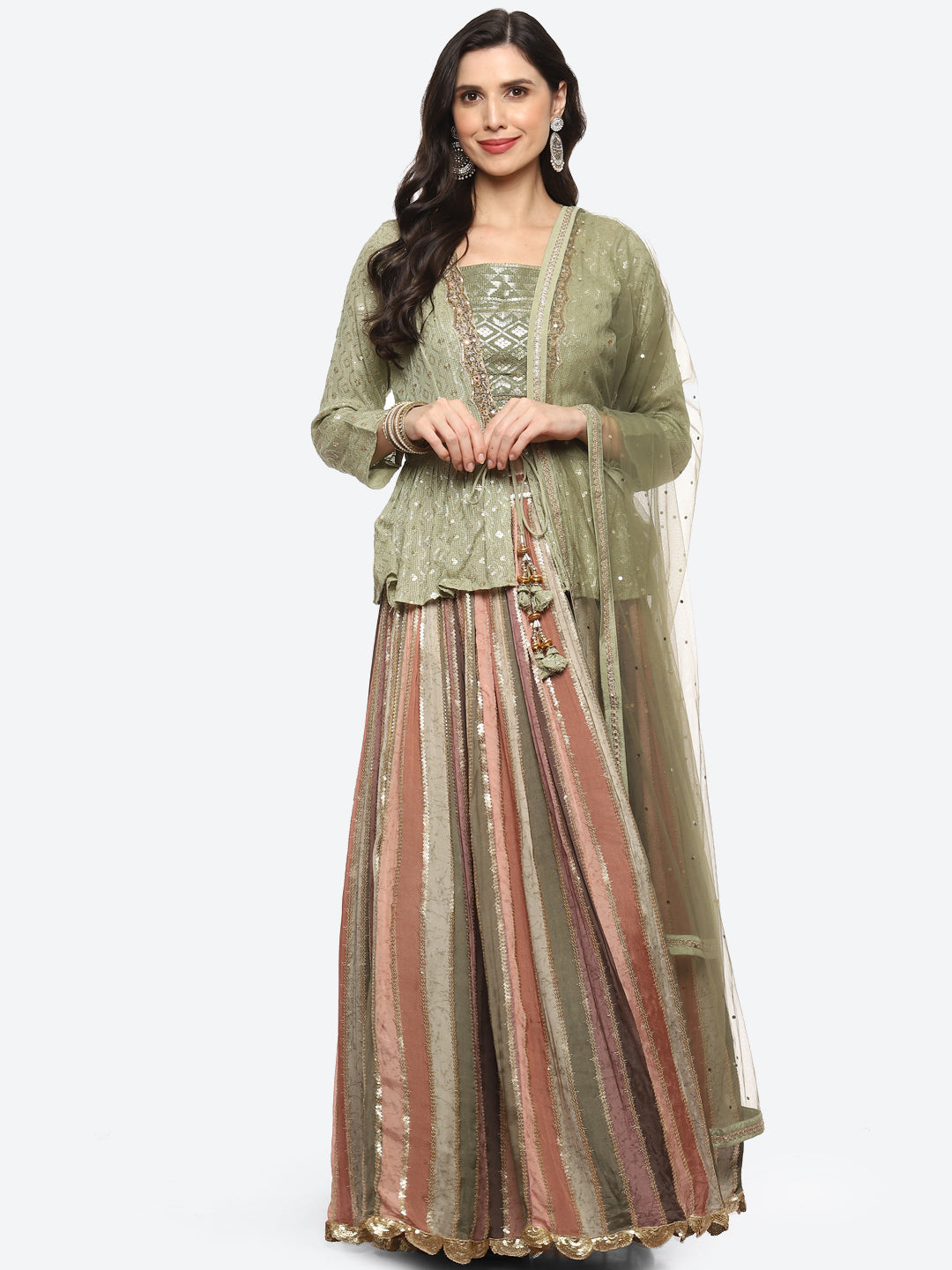 Resham Embroidered Georgette Choli Jacket With Lehenga &amp; Dupatta