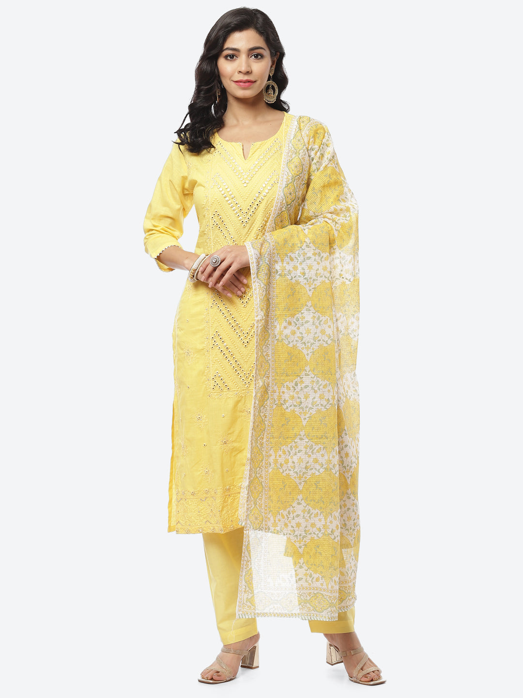 Resham Mirror Cotton Stitched Salwar Kameez With Printed Cotton Dupatta