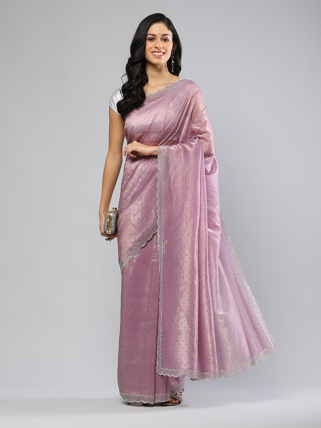 Swarovski Border Art-Chiffon Organza Plain Saree