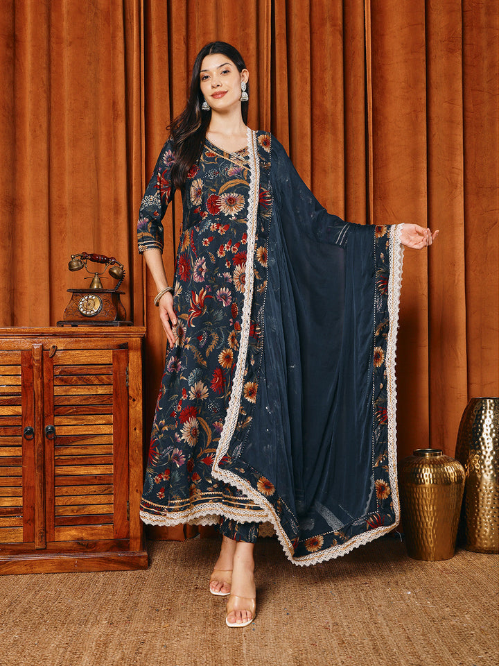Printed Cotton Blend Kurta With Pants &amp; Dupatta