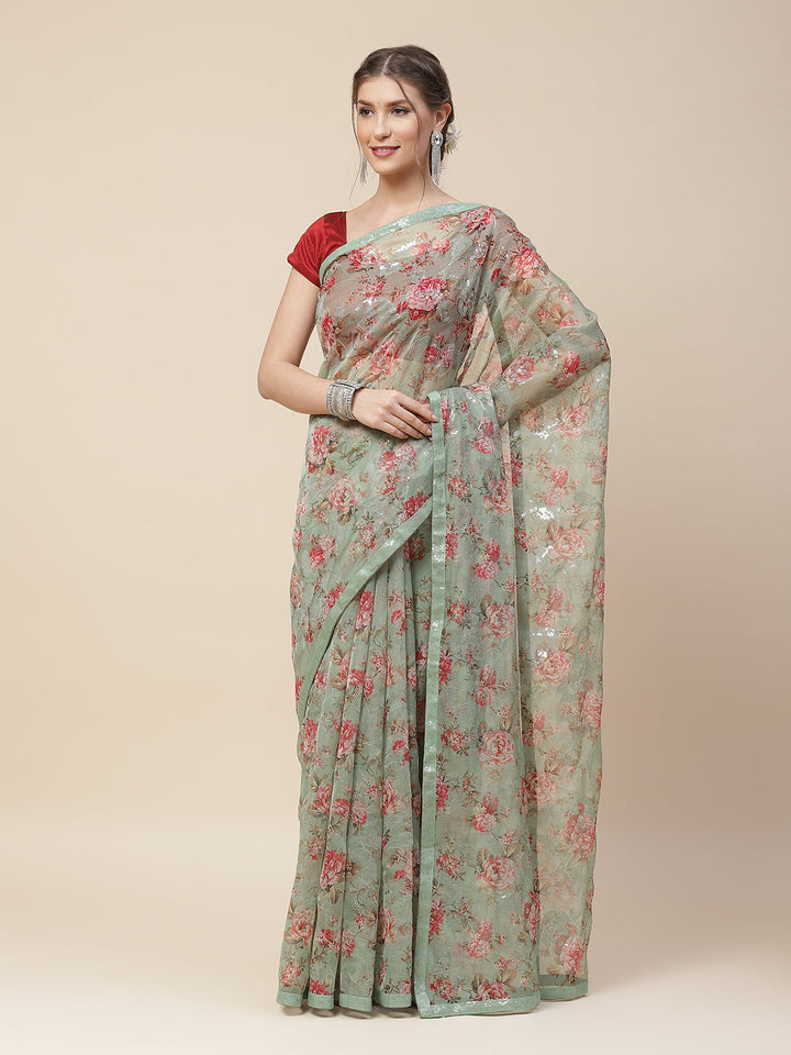 Floral Digital Printed Sequence Organza Saree