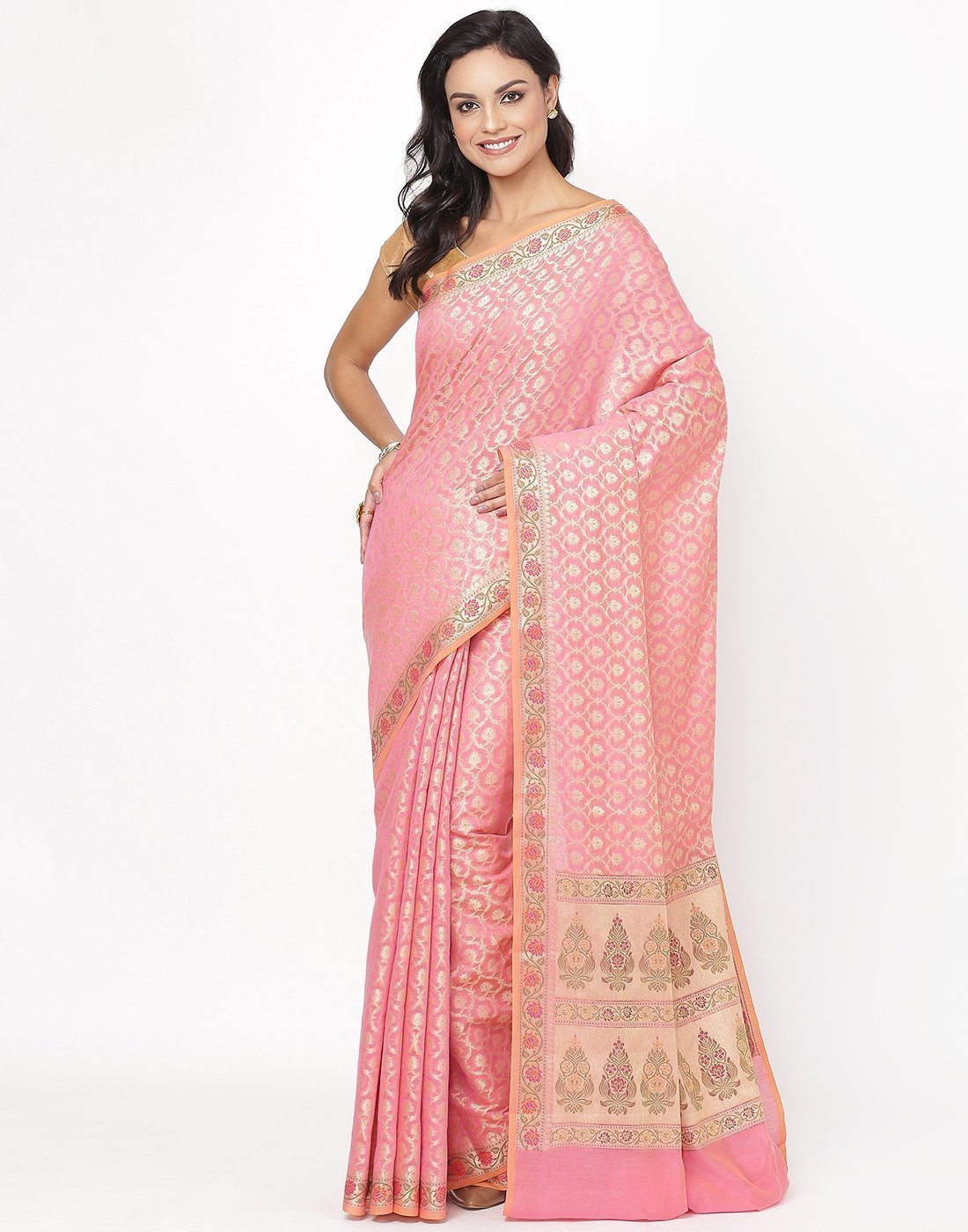 MBZ Meena Bazaar-Pink Cotton Woven Saree