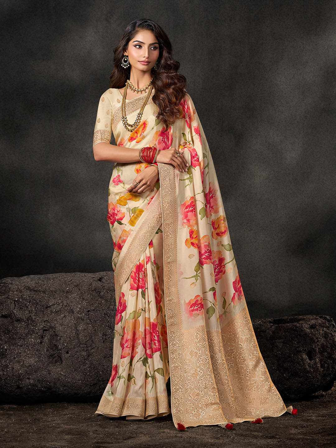 Floral Printed Dola Silk Saree
