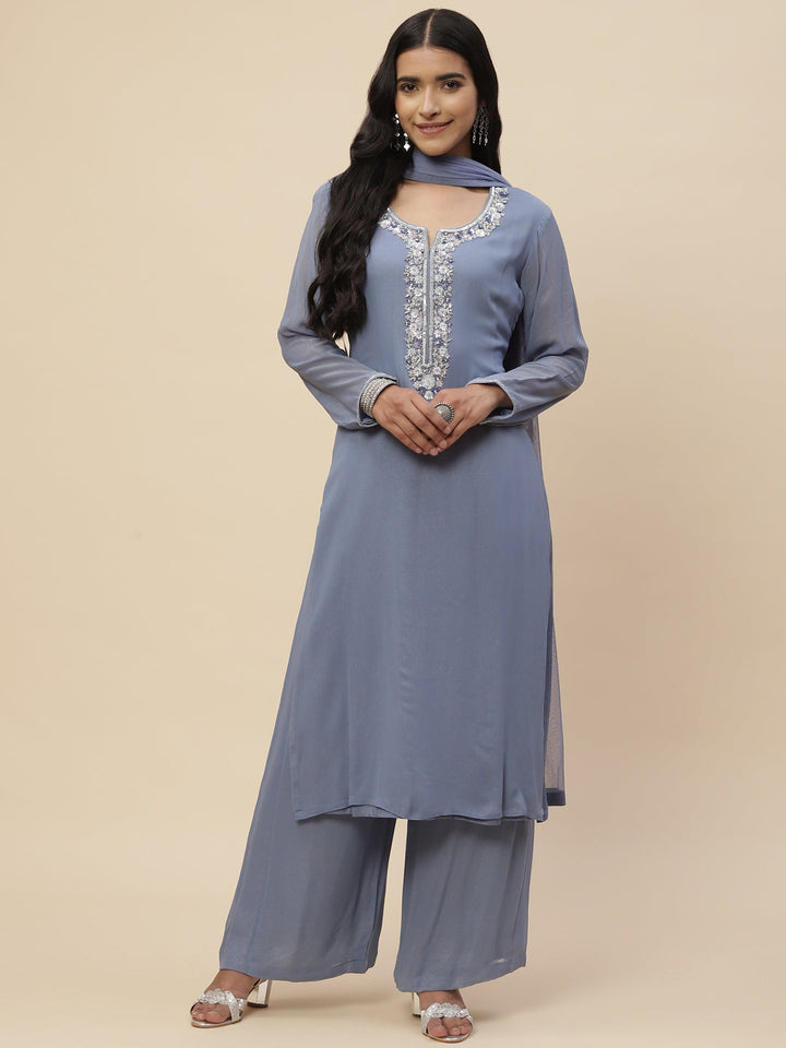 Stone Work Georgette Kurta With Pants &amp; Dupatta