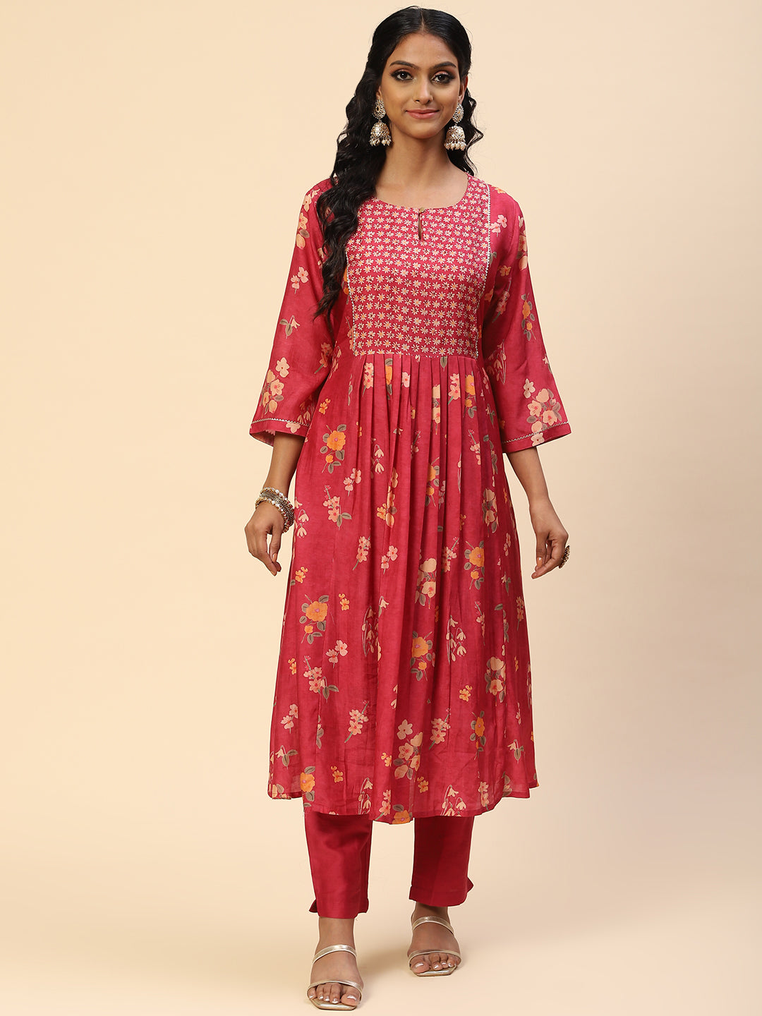 Floral Printed Embroidered Cotton Kurta With Pants