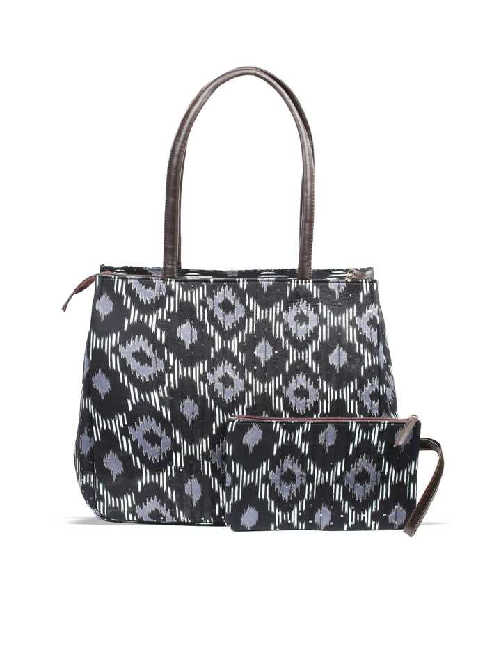 Black Printed Cotton Handbag With Pouch