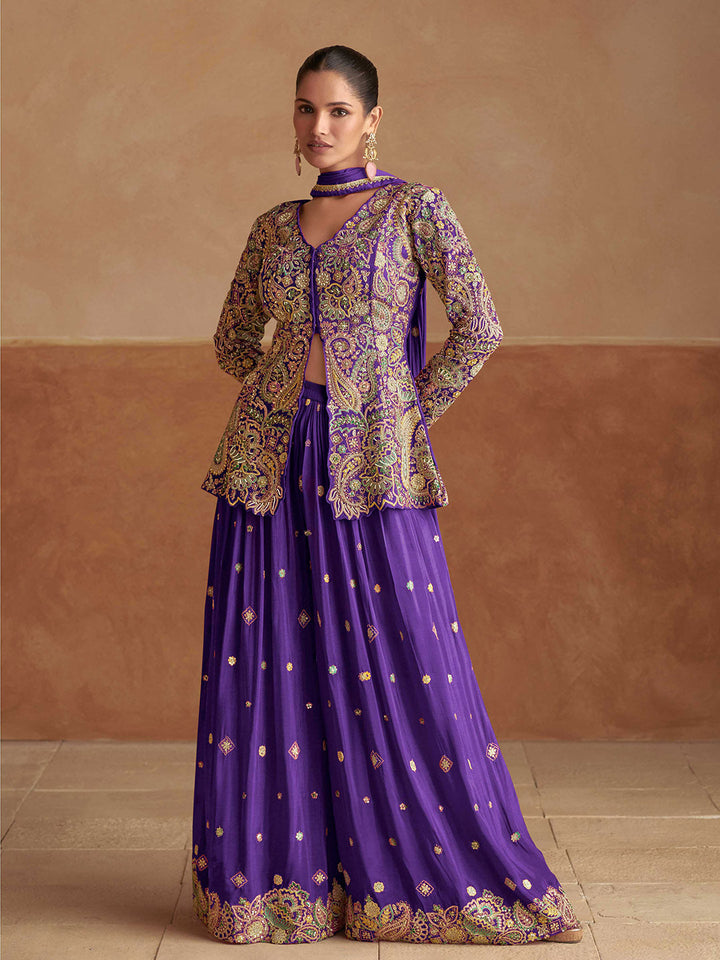 Embroidered Chinon Kurti With Gharara &amp; Dupatta