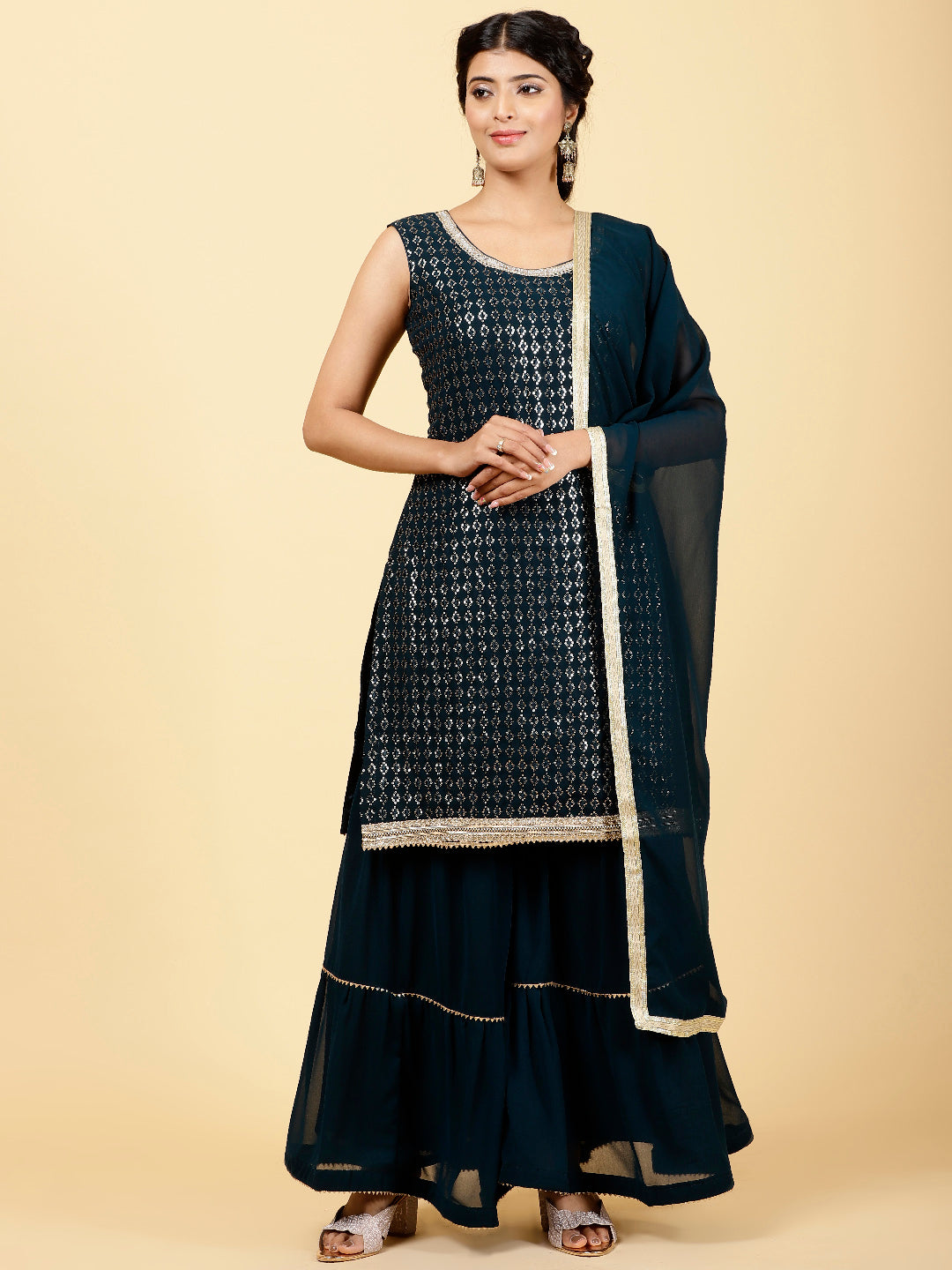 Sequin Embroidered Georgette Kurta With Garara &amp; Dupatta