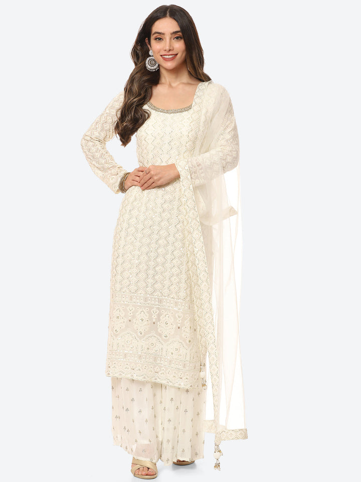Resham Sequin Booti Georgette Kurta With Palazzo &amp; Net Dupatta